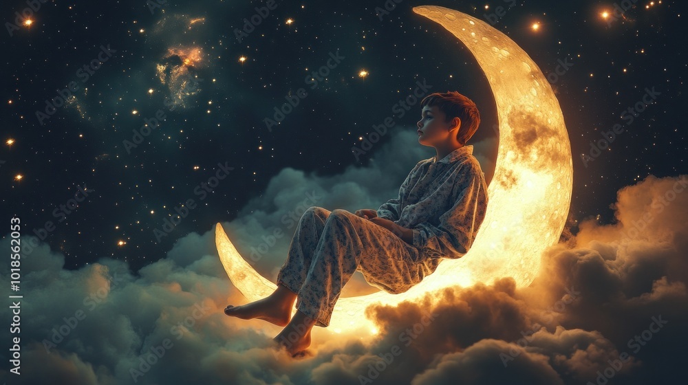 Dreamy child on luminous moon with glowing clouds
