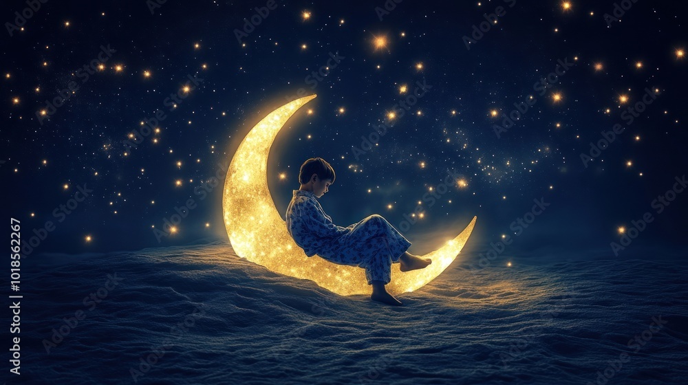 Kid on golden moon surrounded by sparkling stars. Kid on golden moon surrounded by sparkling stars.