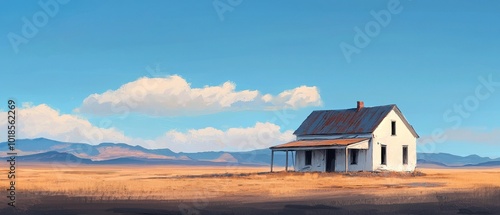 Lonely house in a vast landscape under a clear blue sky.