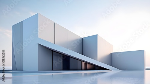 minimalist architectural composition of modern buildings, with clean angles, rendered in geometric forms and soft hues of grey, cream, and light blue