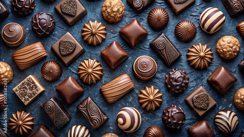 A Symphony of Chocolate Delights A Close-Up View of Assorted Chocolates in Various Shapes, Sizes, and Flavors, Arranged in a Colorful and Tempting Display A Symphony of Chocolate Delights A Close-Up View of Assorted Chocolates in Various Shapes, Sizes, and Flavors, Arranged in a Colorful and Tempting Display