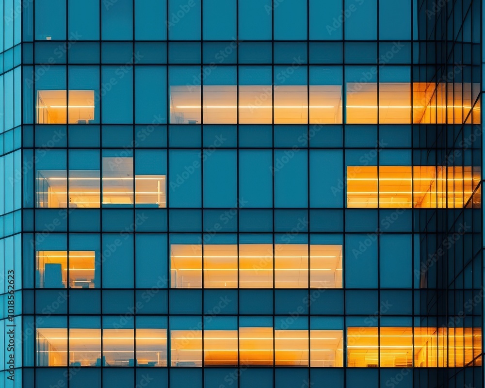 Corporate skyscraper bank building with reflective windows, prominent entrance illuminated at dusk Corporate skyscraper bank building with reflective windows, prominent entrance illuminated at dusk