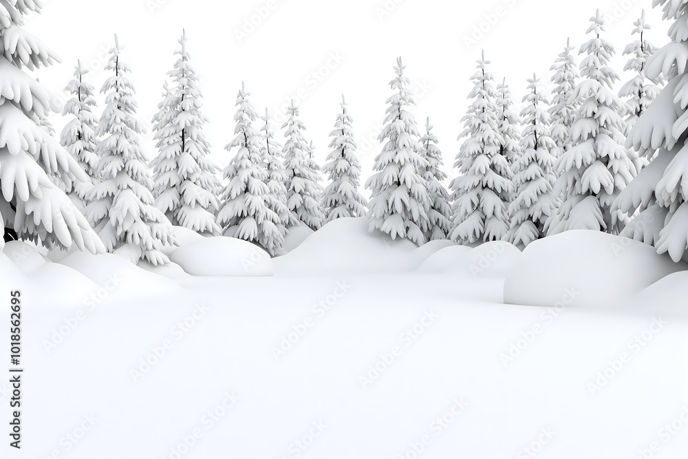 Fototapeta premium A Frosty Winter Scene With Snow-covered Pine Trees, a Soft Blanket of Snow on the Ground, and a Cloudy Sky, High Resolution Wallpaper or Background