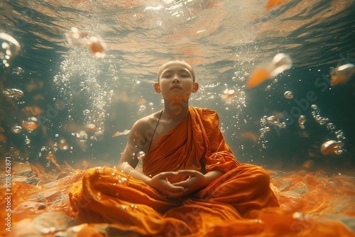 Buddhist boy meditation underwater