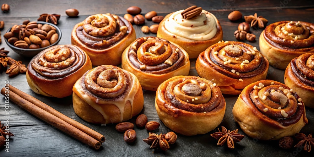 A Delightful Arrangement of Sweet Cinnamon Rolls with a Glaze and Nuts on a Dark Background A Delightful Arrangement of Sweet Cinnamon Rolls with a Glaze and Nuts on a Dark Background