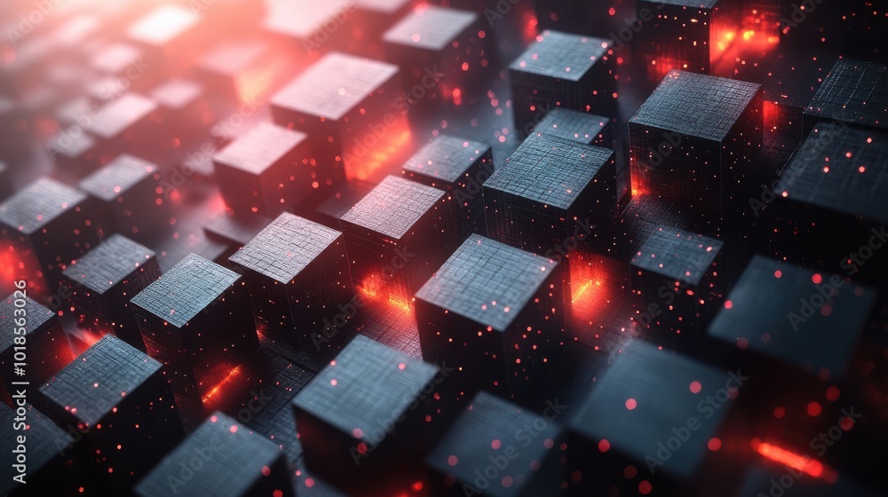 Abstract pattern of glowing red cubes in a grid Abstract pattern of glowing red cubes in a grid