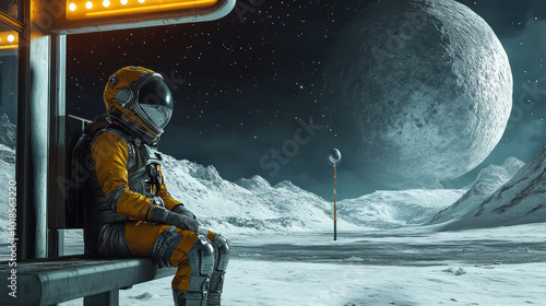 Spacefarer in yellow gear rests under vast moon. photo