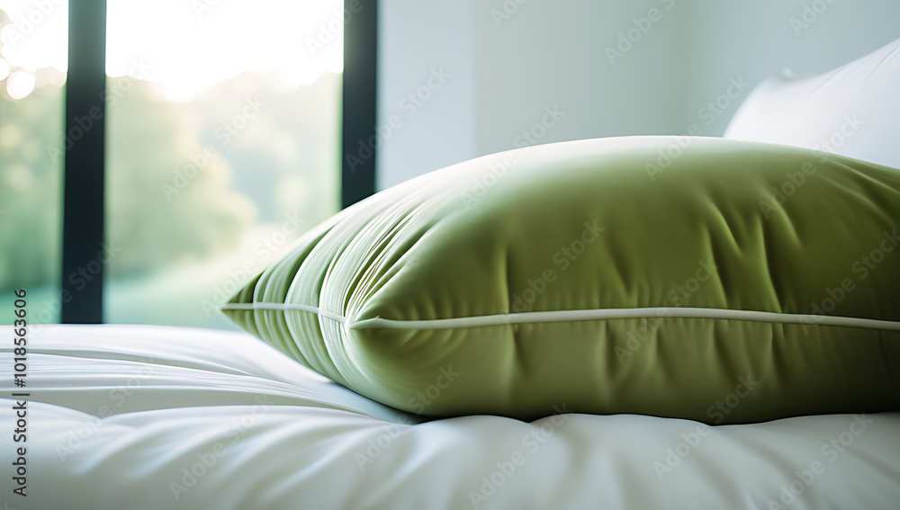 serene plush green cushion sits calmly crisp white surface morning light gently illuminates serene plush green cushion sits calmly crisp white surface morning light gently illuminates