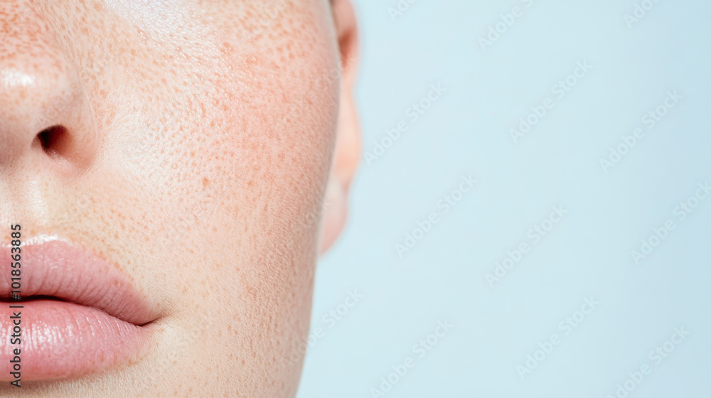 Obraz premium Fresh and natural close up of womans face showcasing smooth skin, freckles, and soft lips, highlighting beauty and simplicity