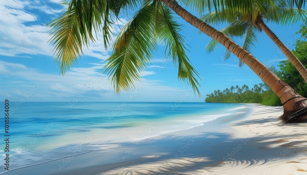 Serene Tropical Beach with Palm Trees and Clear Waters Serene Tropical Beach with Palm Trees and Clear Waters