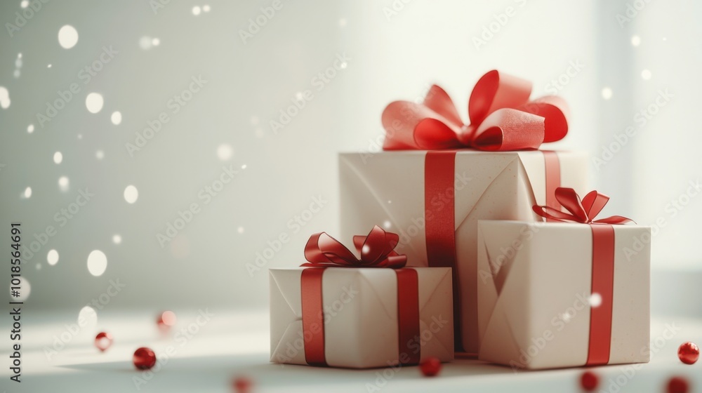 Illustration of holiday gifts stacked, clean white background, ribbons and tags, festive ambiance, space for text. Illustration of holiday gifts stacked, clean white background, ribbons and tags, festive ambiance, space for text.