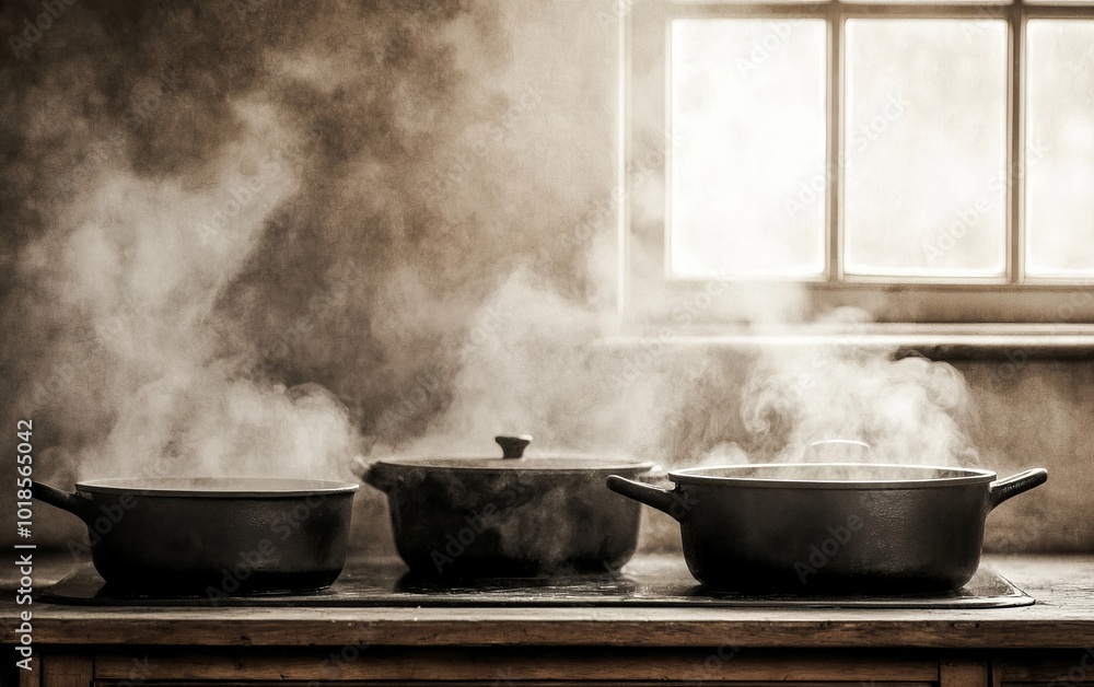 Three pots steaming on a rustic wooden table against a weathered wall. Three pots steaming on a rustic wooden table against a weathered wall.