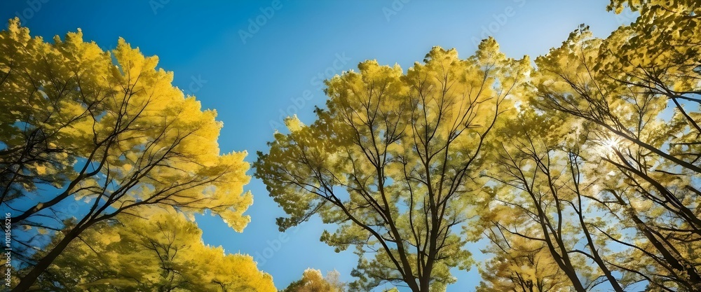 Naklejka premium Ginko yellow autumn leaves against blue sky. AI generated