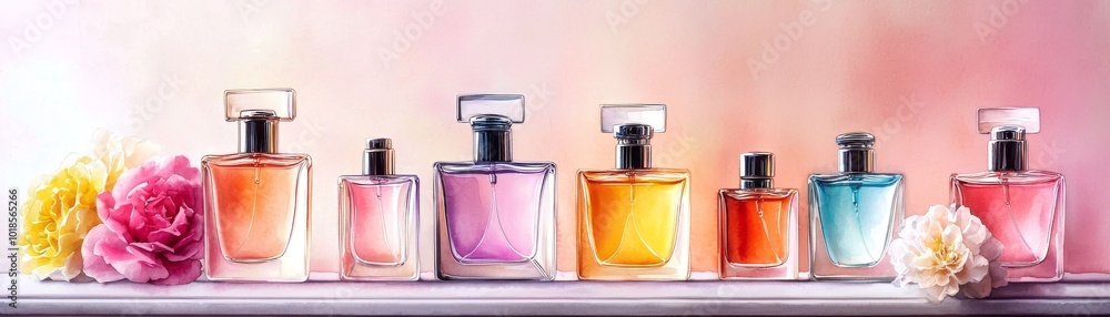 Various perfume bottles adorned with flowers, elegant and colorful against a soft backdrop. Various perfume bottles adorned with flowers, elegant and colorful against a soft backdrop.