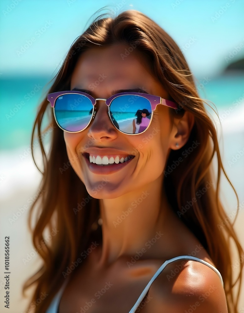 Vacation portrait of a woman in sunglasses on the sunny beach. AI generated Vacation portrait of a woman in sunglasses on the sunny beach. AI generated