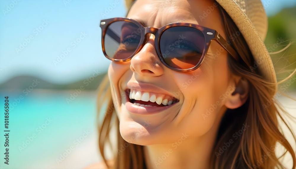 Vacation portrait of a woman in sunglasses on the sunny beach. AI generated Vacation portrait of a woman in sunglasses on the sunny beach. AI generated