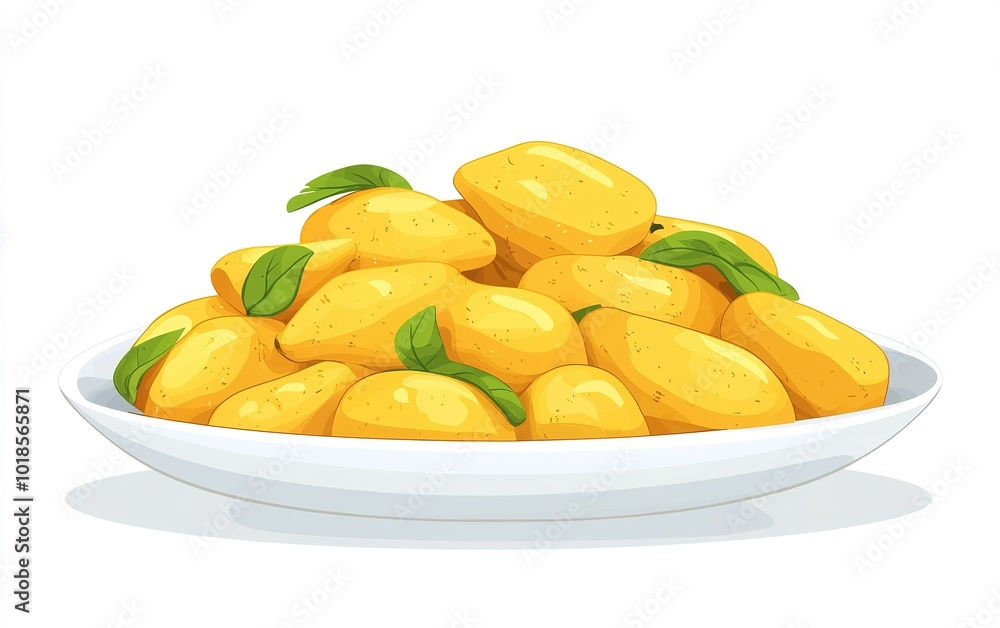 Fresh ripe mangoes arranged beautifully on a white plate with green leaves, showcasing their vibrant yellow color and tempting appearance Fresh ripe mangoes arranged beautifully on a white plate with green leaves, showcasing their vibrant yellow color and tempting appearance