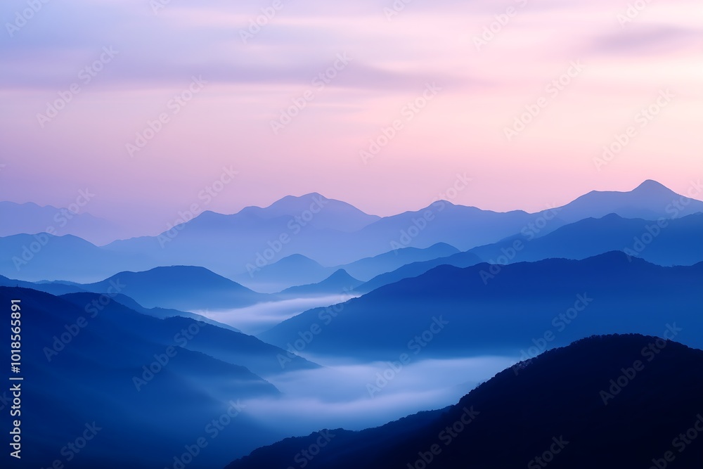 A Misty Mountain Range at Dawn With Clouds Rolling Over the Peaks, Painted in Soft Shades of Blue and Purple, High Resolution Wallpaper or Background A Misty Mountain Range at Dawn With Clouds Rolling Over the Peaks, Painted in Soft Shades of Blue and Purple, High Resolution Wallpaper or Background