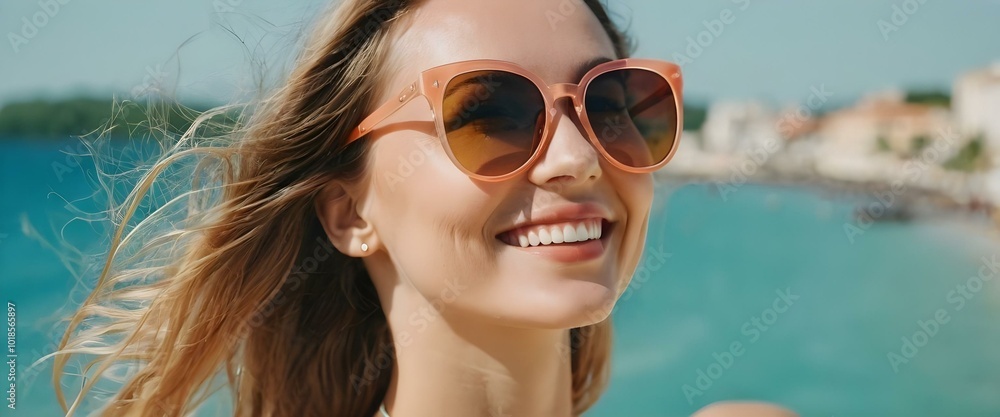 Vacation portrait of a woman in sunglasses on the sunny beach. AI generated Vacation portrait of a woman in sunglasses on the sunny beach. AI generated