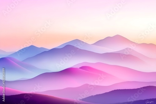 A Misty Mountain Range at Dawn With Clouds Rolling Over the Peaks, Painted in Soft Shades of Blue and Purple, High Resolution Wallpaper or Background