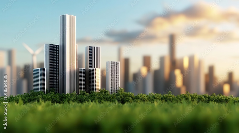 Fototapeta premium Modern city skyline surrounded by greenery against a sunset backdrop.