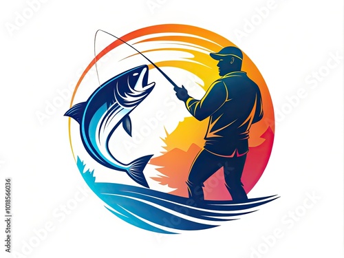 Create an eye-catching logo featuring a fisherman silhouette with rod and fish, ideal for enhancing branding and business presence in aquatic ventures or fishing services.