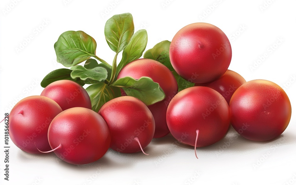 Fresh red radishes with green leaves arranged artistically on a white background showcasing their vibrant color and health benefits Fresh red radishes with green leaves arranged artistically on a white background showcasing their vibrant color and health benefits