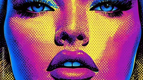 Halftone pop art style of facial features like mouth, eyes, and ears.  photo