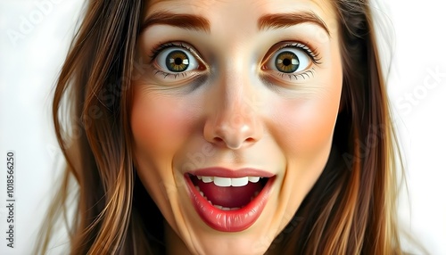 Cheeful woman shows surprised emotions. Close-up portrait on white background. Isolated. AI generated