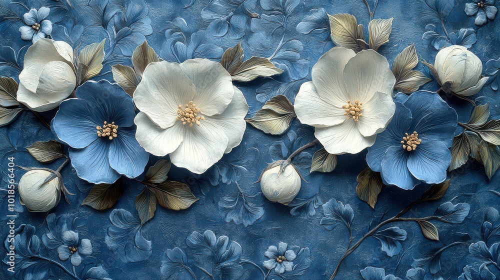 Intricately designed floral relief art featuring white and blue flowers against a textured blue background Intricately designed floral relief art featuring white and blue flowers against a textured blue background