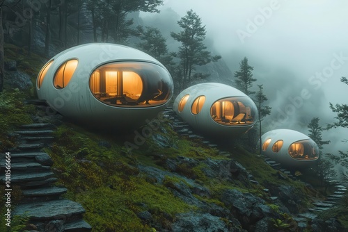 levitating ecopods in misty mountain valley bioluminescent plants holographic navigation systems sustainable materials serene futuristic atmosphere photo