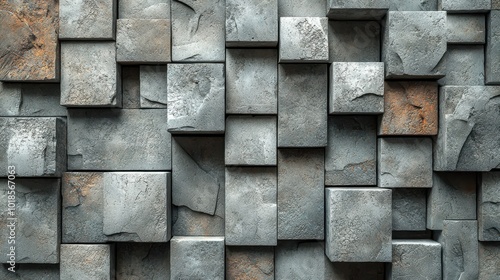 Textured concrete wall with various sizes of blocks in different shades of gray creating an artistic urban decor