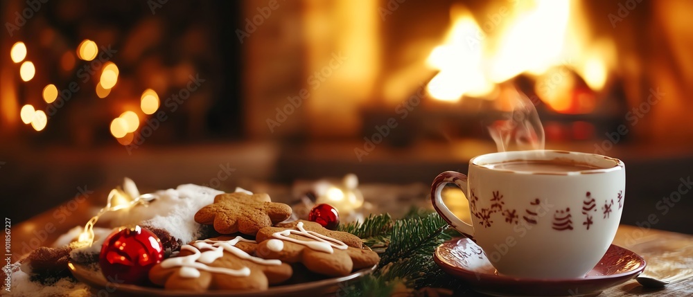 Warm drink with cookies by the fireplace Warm drink with cookies by the fireplace