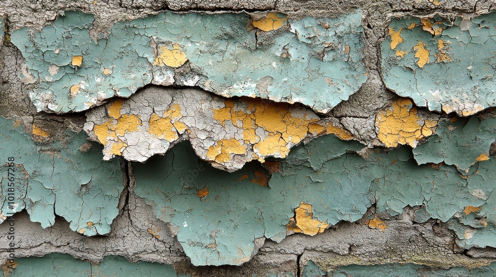 Weathered exterior wall showing layers of peeling paint in shades of blue and yellow, revealing the underlying texture of the brick beneath Weathered exterior wall showing layers of peeling paint in shades of blue and yellow, revealing the underlying texture of the brick beneath