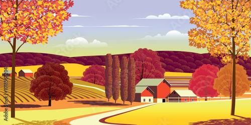 Rural autumn landscape with farm, fields and trees in the background. Handmade doodle drawing vector illustration. Perfect for scrapbook, card, poster, invitation, sticker kit. 