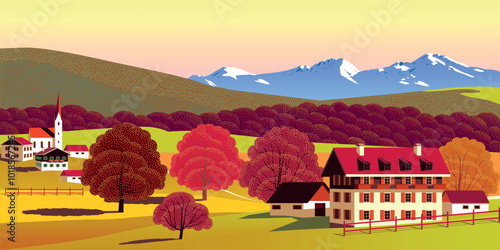 Autumn countryside doodle landscape with traditional houses, farms, village, hills, forests and mountains in the background. Handmade drawing vector illustration. Retro style poster. 