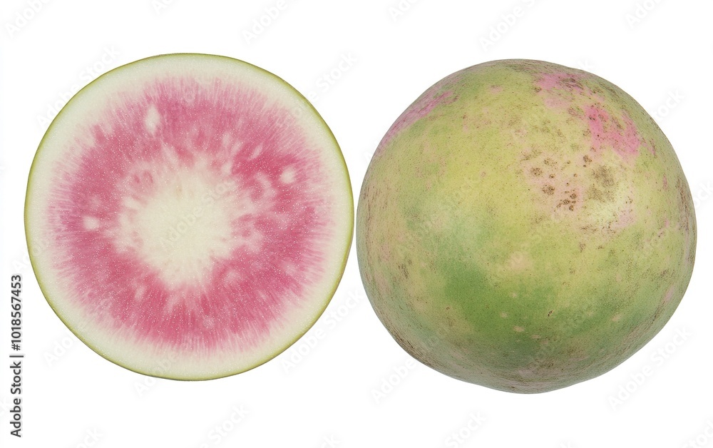 Unique pink-fleshed watermelon radish cut in half, showcasing vibrant interior and textured exterior on a plain background Unique pink-fleshed watermelon radish cut in half, showcasing vibrant interior and textured exterior on a plain background