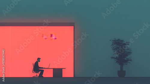 A man working at desk in modern office setting, illuminated by vibrant pink backdrop. scene conveys sense of focus and creativity, enhanced by minimalist design and potted plant nearby