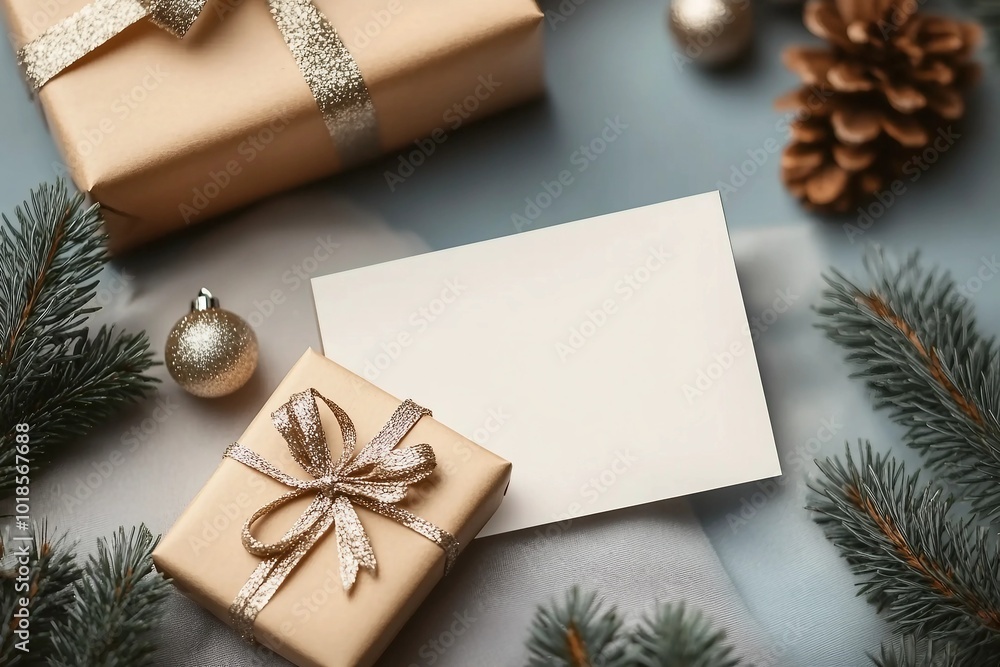 Blank card mockup with gift box and christmas fir tree Blank card mockup with gift box and christmas fir tree