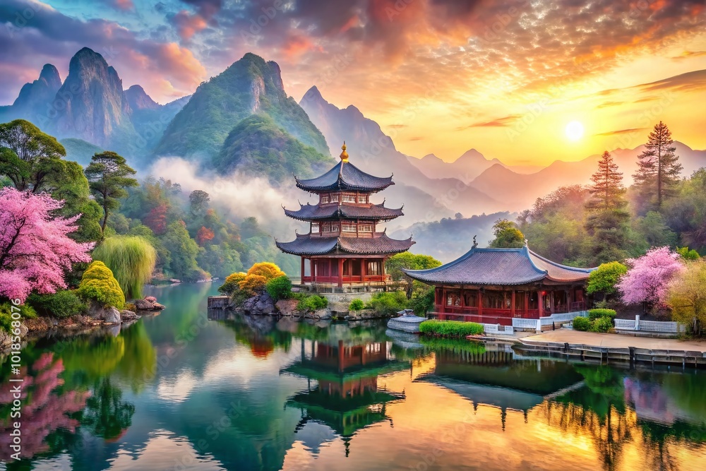 Obraz premium Delicate Chinese watercolor paintings showcase nature, landscapes, and traditional artistic elements, harmonizing