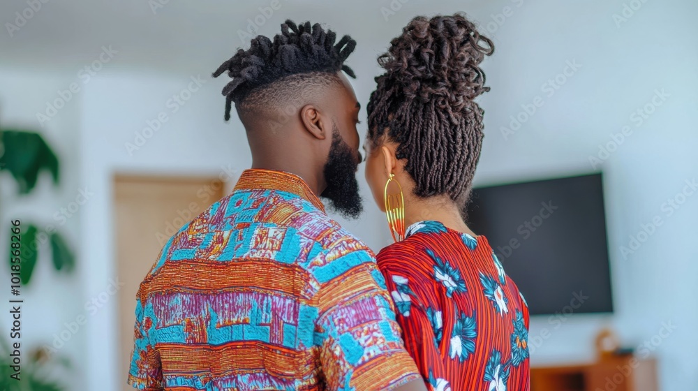A couple sharing a close moment in colorful traditional attire in a cozy indoor setting filled with natural light A couple sharing a close moment in colorful traditional attire in a cozy indoor setting filled with natural light