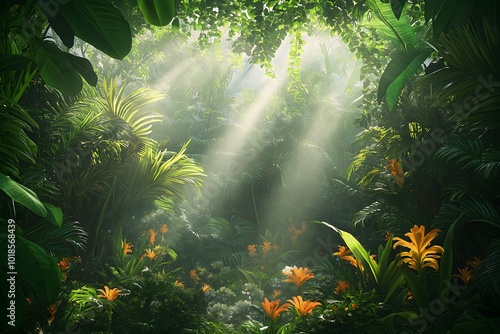 A Vibrant Tropical Jungle With Dense Greenery, Exotic Flowers, and Beams of Sunlight Breaking Through the Canopy, High Resolution Wallpaper or Background