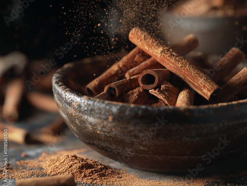 cinnamon sticks and powder on a bowl