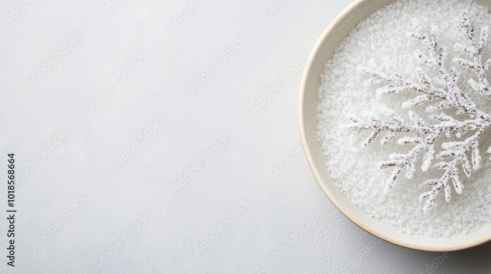 A serene winter scene featuring decorative snowflake in bowl of white salt, evoking peaceful and calming atmosphere. Perfect for seasonal decor or culinary presentations A serene winter scene featuring decorative snowflake in bowl of white salt, evoking peaceful and calming atmosphere. Perfect for seasonal decor or culinary presentations