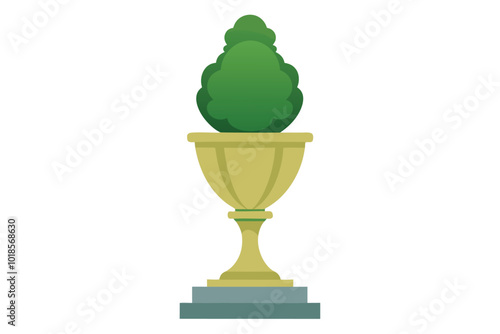 Watercolor topiary in elegant urn, illustration on white background.