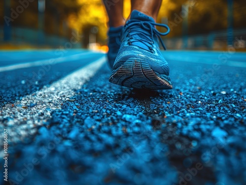 Wide shot of an athlete starting on a blue running track with shadows, during the golden hour, high-resolution photography. 