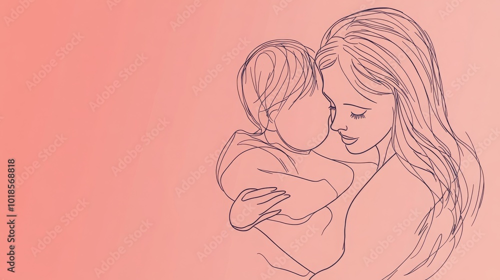 Mom hugging her child in simple line art, representing motherhood. Mom hugging her child in simple line art, representing motherhood.