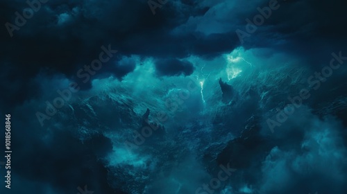 Dark stormy ocean depths illuminated by flashes of lightning showcasing mysterious underwater rock formations