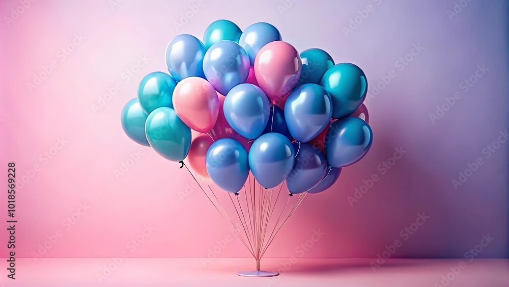 A cluster of vibrant blue and pink balloons arranged in a celebratory bouquet, adding a joyful touch to the minimalist backdrop A cluster of vibrant blue and pink balloons arranged in a celebratory bouquet, adding a joyful touch to the minimalist backdrop