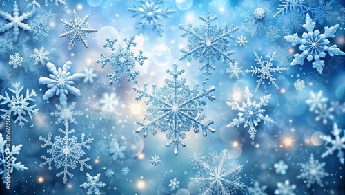 Delicate, intricately designed winter snowflakes in shades of blue and white, scattered against a soft, frosty